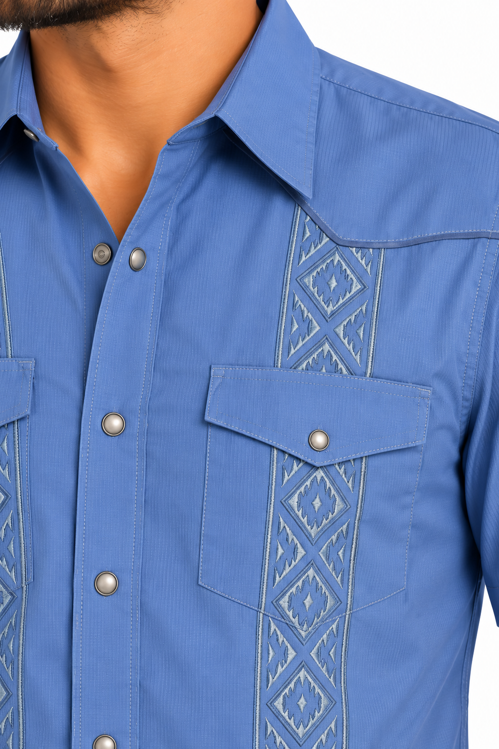 Platini Men’s Blue Embroidered Short Sleeve Western Shirt GUS9342