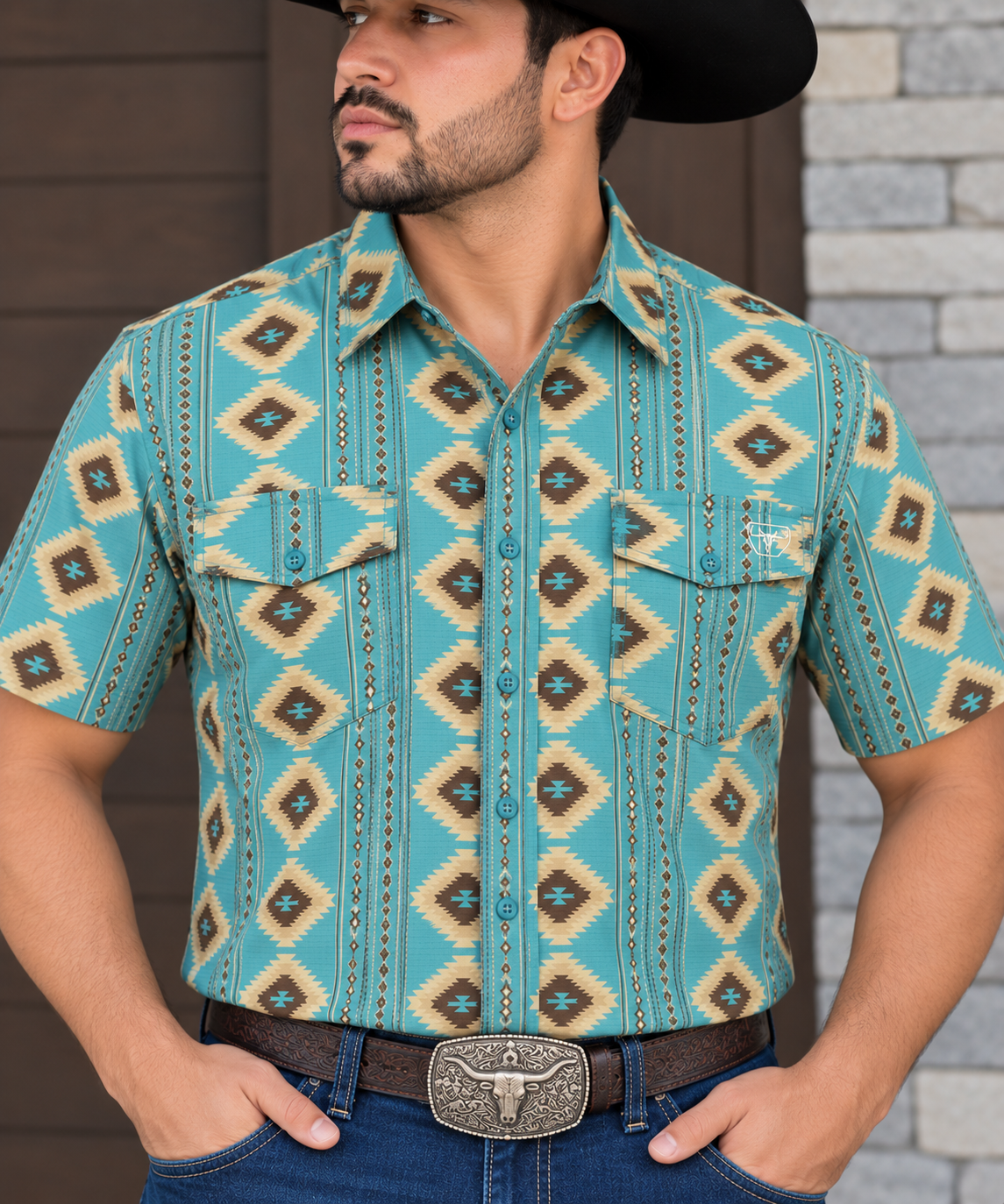 Platini Performance Men’s Turquoise Aztec Print Long Sleeve Shirt PGS11156