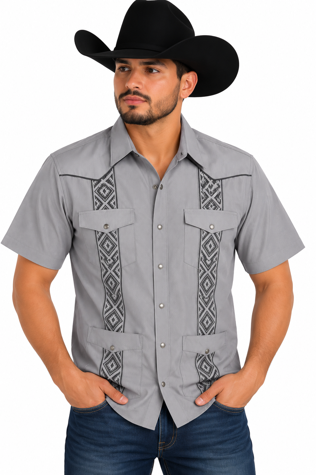 Platini Men’s Gray Embroidered Short Sleeve Western Shirt GUS9343