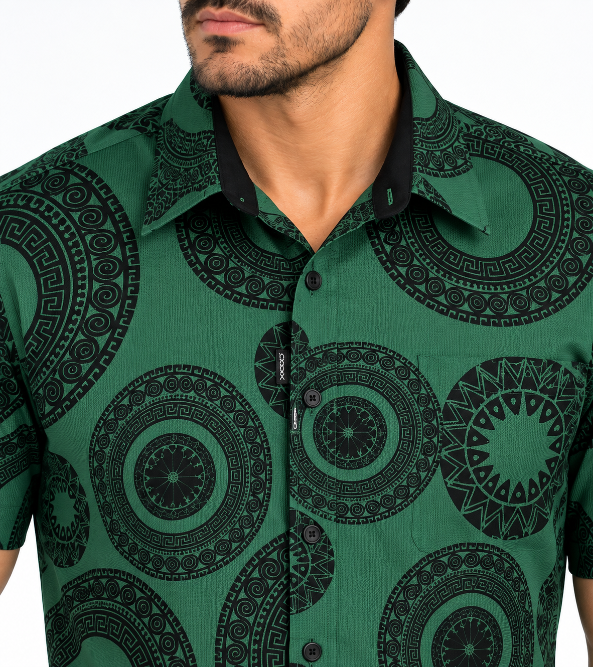 Chuxx Men’s Green & Black Medallion Print Short Sleeve Shirt FLKS-3456