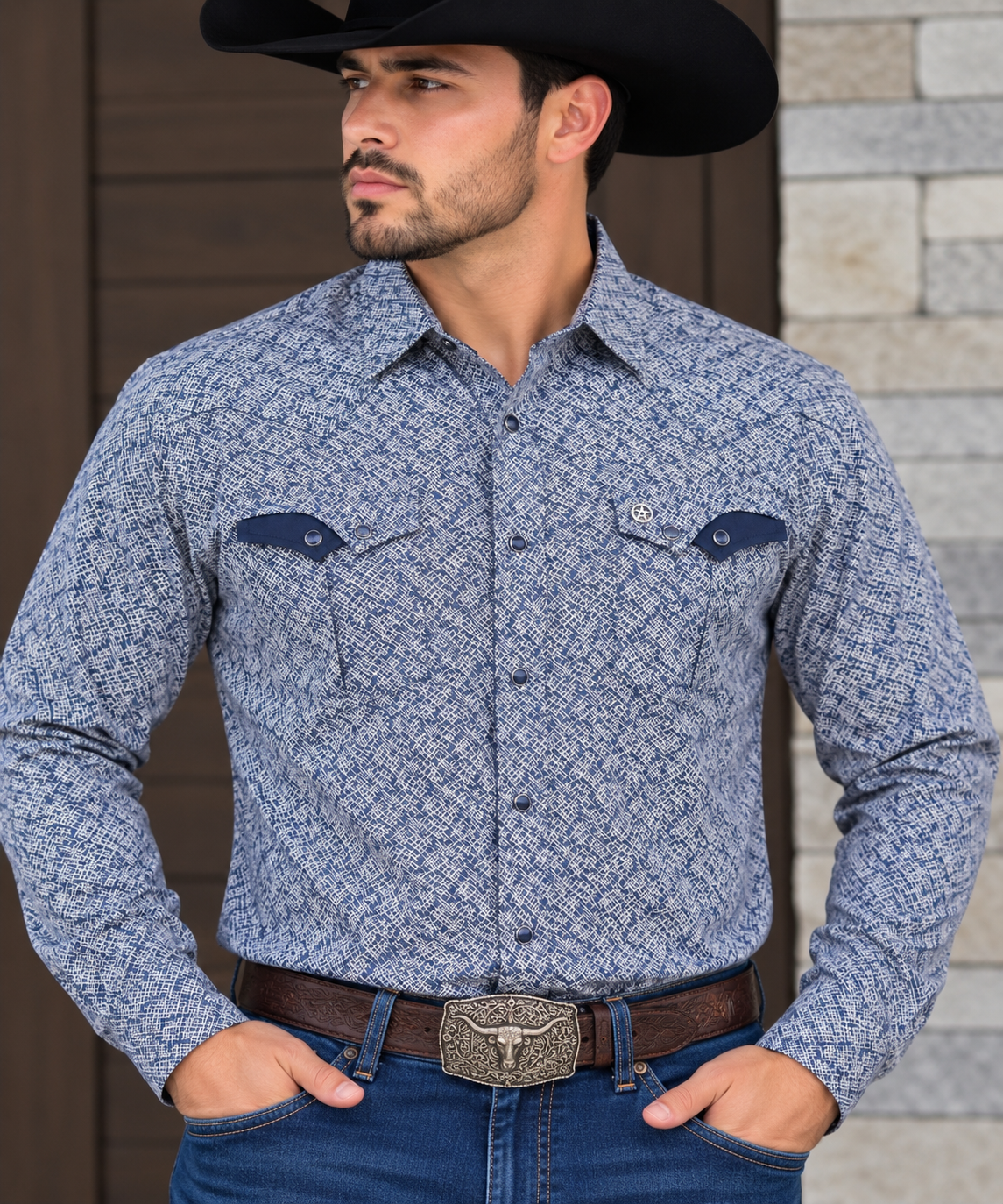 Men’s Blue & White Abstract Print Western Snap Shirt 0302