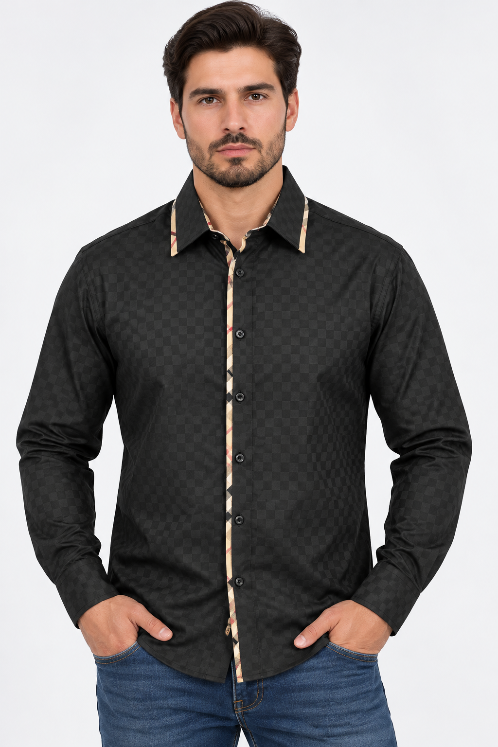 Chuxx Men’s Black Tonal Check Long Sleeve Shirt DS-003
