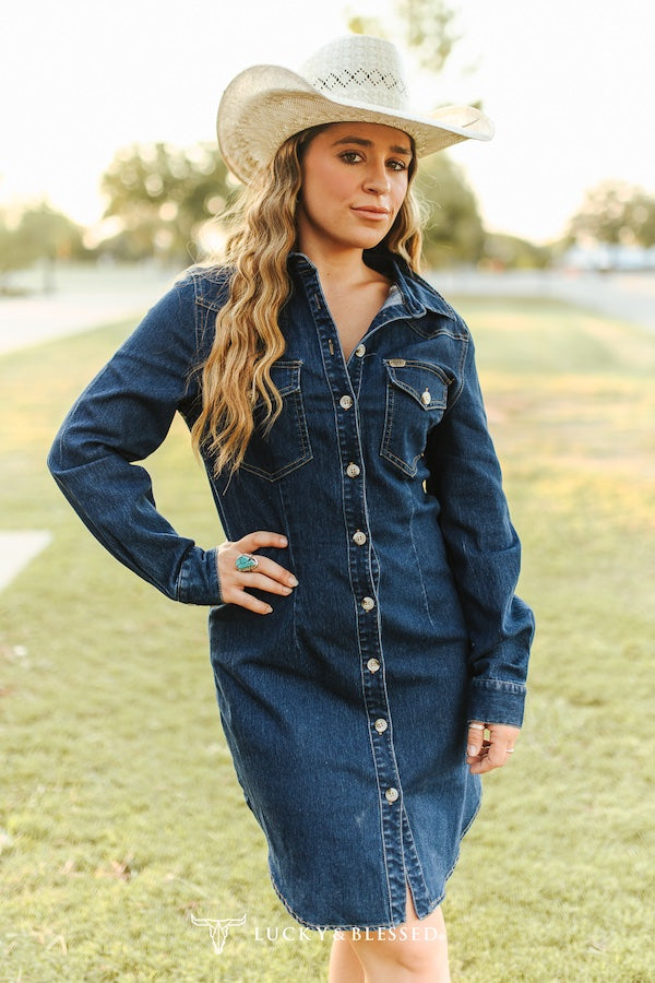 Classic Western Button Down Long Sleeve Denim Dress - DR595-MW