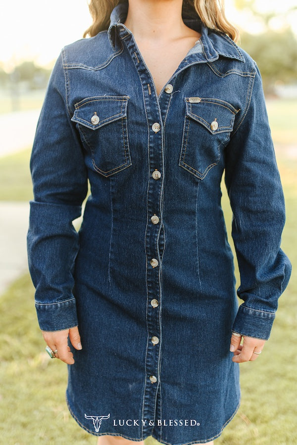 Classic Western Button Down Long Sleeve Denim Dress - DR595-MW