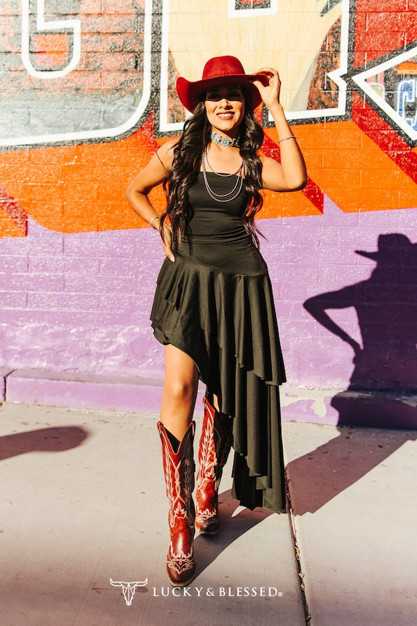 Black Strapless Asymmetrical Ruffle Dress - DRD682-BLK