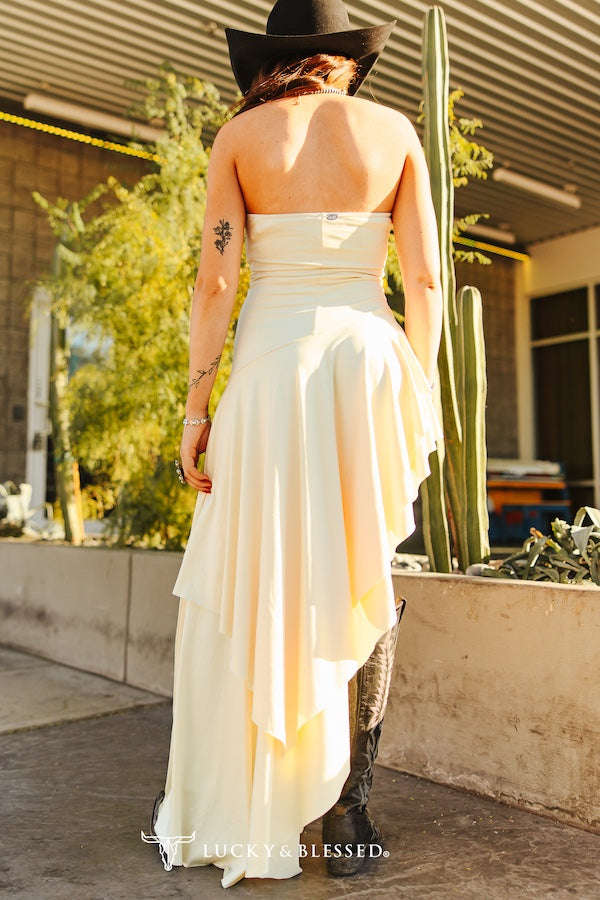 Cream Strapless Asymmetrical Ruffle Dress - DR682-BTT
