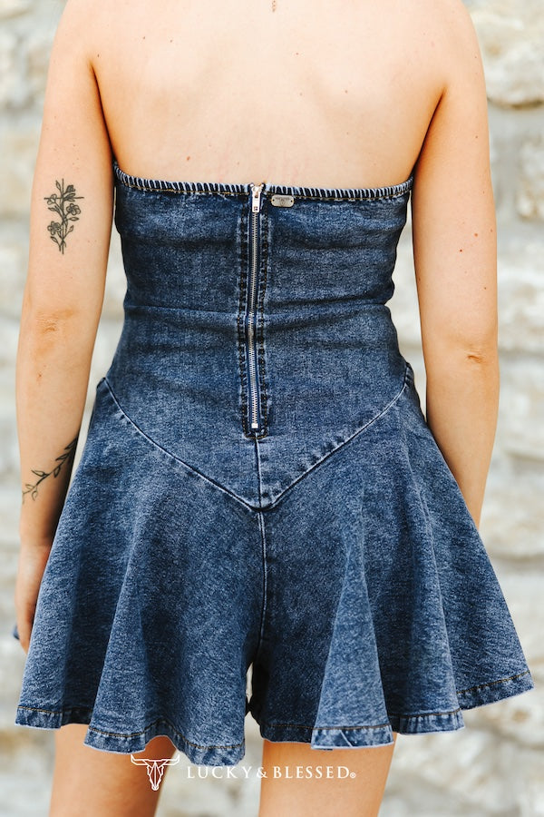 Dark Wash Fluttered Ruffle Strapless Romper - DR712-DW