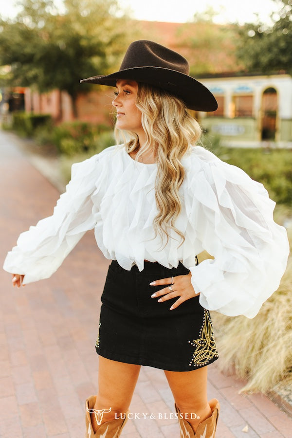 Black Denim Boot Stitch Embroidered Studded Skirt - DSK484-AW