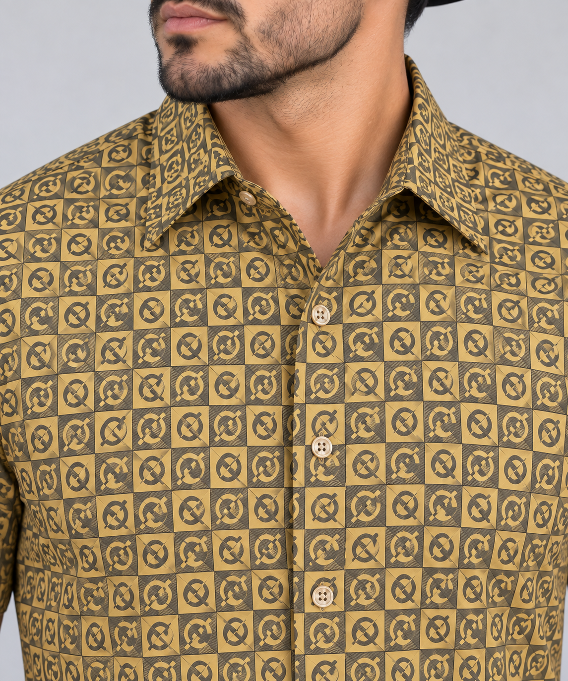 Chuxx Men’s Khaki Monogram Print Long Sleeve Shirt FLS-3414