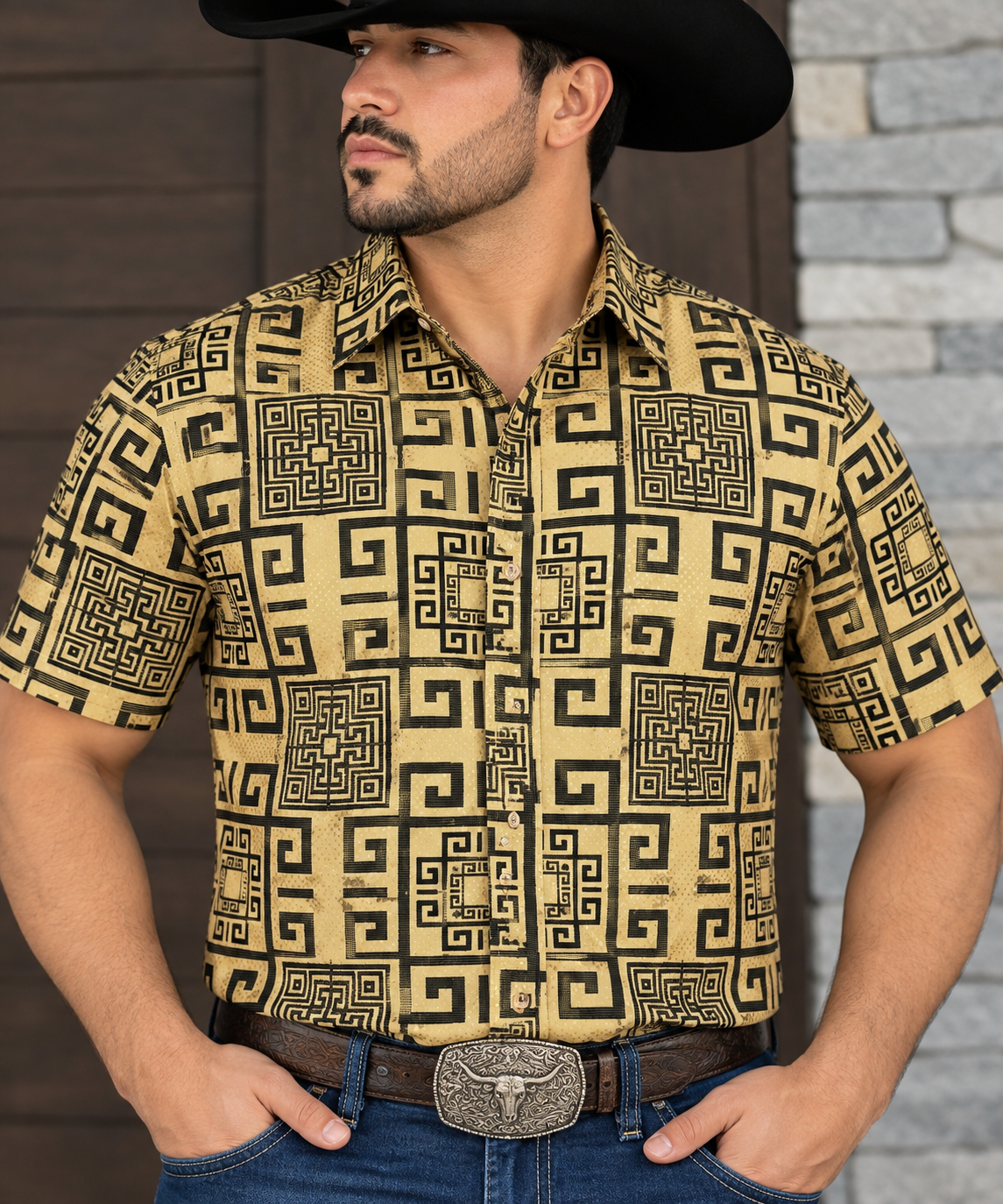 FLKSChuxx Men’s Tan & Black Greek Key Geometric Short Sleeve Shirt -3364