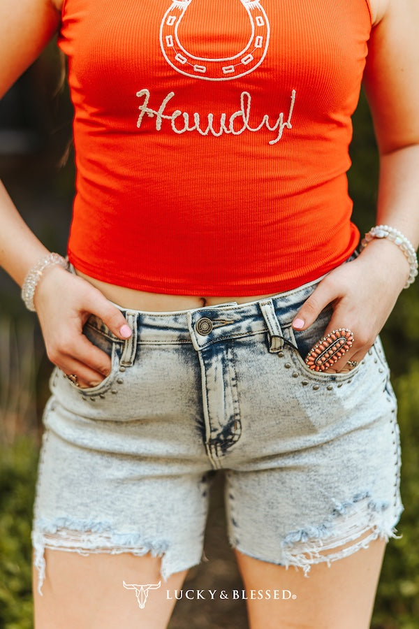 Light Wash Vintage Studded Mid Rise Frayed Hem Shorts - SH139-LW