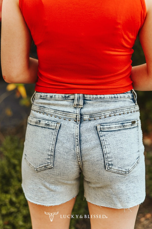 Light Wash Vintage Studded Mid Rise Frayed Hem Shorts - SH139-LW
