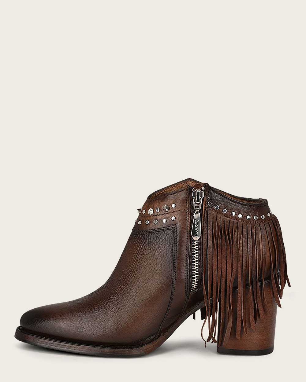 Brown Leather Ankle Bootie – Studded Fringe CU813